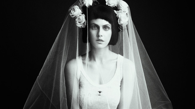 Обои картинки фото девушки, alexandra daddario, черно-белая, актриса, брюнетка, фата, цветы, наряд
