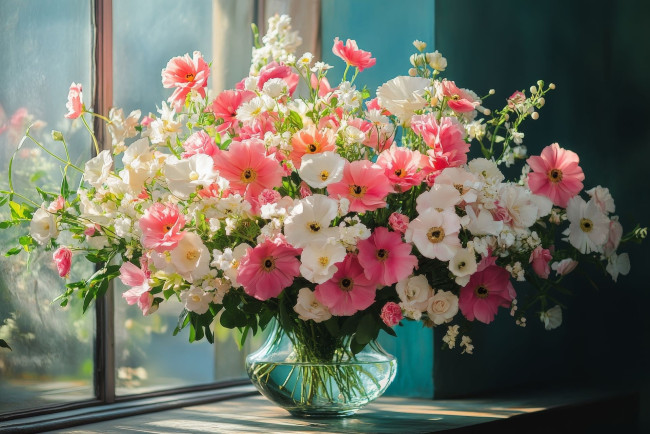 Обои картинки фото 3д графика, цветы , flowers, окно, ваза, букет