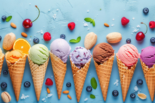 Обои картинки фото еда, мороженое,  десерты, вафельные, рожки, ассорти