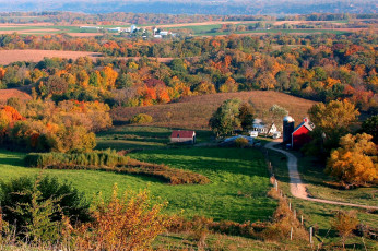 Картинка природа пейзажи дорога деревья дома осень