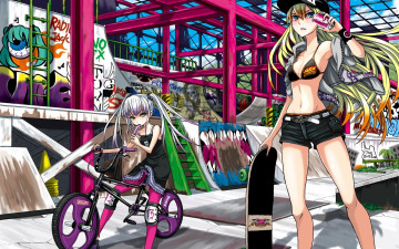 Картинка аниме *unknown другое мороженое город скейтборд велосипед девочка кока-кола кепка шорты