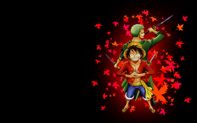 Обои картинки фото аниме, one, piece, листья, мальчики, monkey, d, luffy, roronoa, zoro