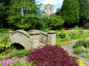 Картинка waddington +england природа парк река мост кусты цветы