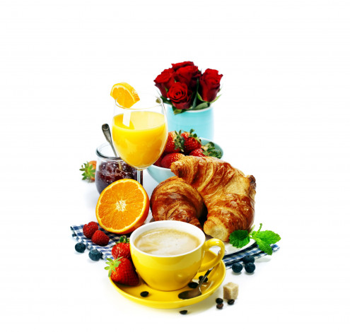Обои картинки фото еда, разное, клубника, варенье, ягоды, розы, круассаны, сок, кофе