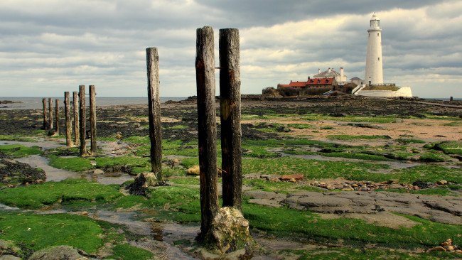 Обои картинки фото природа, маяки, маяк, сваи, трава, вода, берег