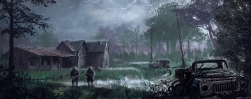 Картинка фэнтези люди скафандры солдаты отчуждение зона постапокалипсис