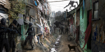 Картинка фэнтези роботы +киборги +механизмы оружие солдаты обыск патруль трущебы робот будущее