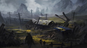 Картинка фэнтези иные+миры +иные+времена крушение состав железнодорожный оружие постапокалипсис люди