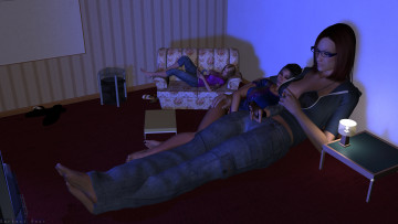 Картинка 3д+графика люди+ people кровать кресло комната фон девушки взгляд