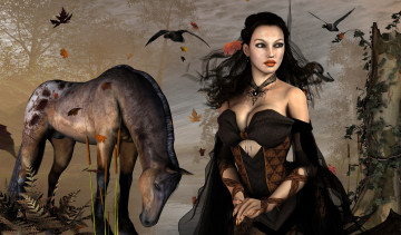 Картинка 3д+графика люди+ people взгляд девушка природа птицы лошадь фон