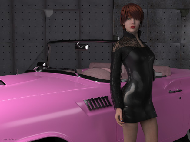 Обои картинки фото автомобили, 3d car&girl, девушка, автомобиль, рыжая, фон, взгляд