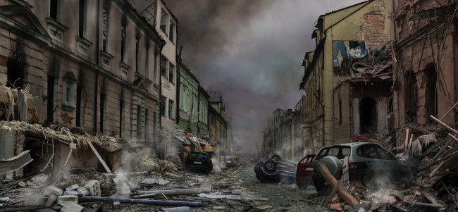 Обои картинки фото фэнтези, иные миры,  иные времена, постапокалипсис, город, автомобили, запустение, разрушения