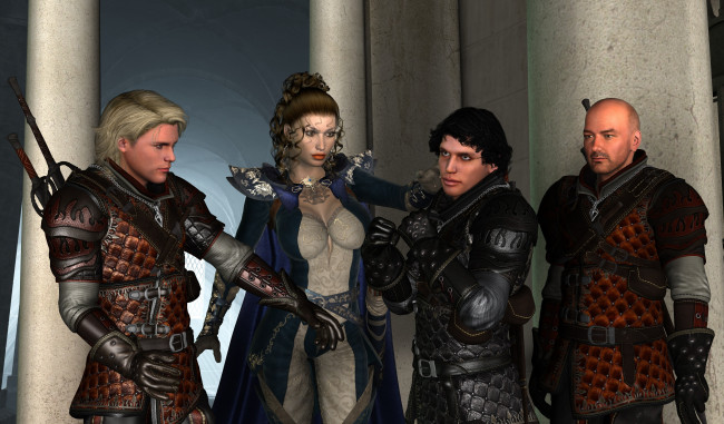 Обои картинки фото 3д графика, фантазия , fantasy, взгляд, девушка, мужчины, оружие, фон