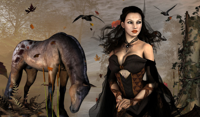 Обои картинки фото 3д графика, люди , people, взгляд, девушка, природа, птицы, лошадь, фон