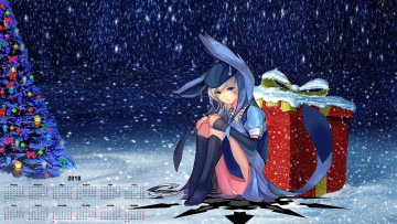 Картинка календари аниме снег коробка 2018 елка взгляд лицо девушка
