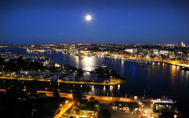 Обои картинки фото города, амстердам , нидерланды, огни, вечер, река