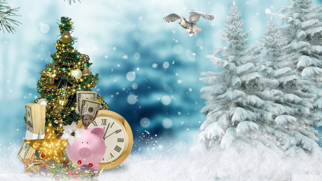 Обои картинки фото праздничные, - разное , новый год, сова, украшения, елка, деревья