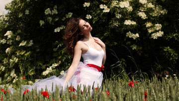 Картинка девушки -+брюнетки +шатенки куст маки шелковое платье