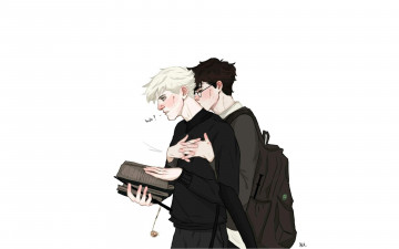 Картинка рисованное кино +мультфильмы драко малфой гарри поттер объятия книги рюкзак