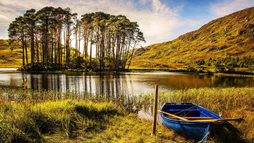 обоя корабли, лодки,  шлюпки, горы, лодка, озеро, деревья