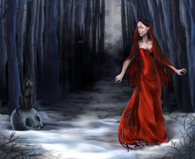 обоя фэнтези, нежить, девушка, лохмотья, снег, лес, кот, череп