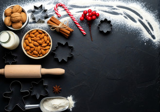 обоя 3д графика, еда-, food, стол, мука, ягоды, орехи, формочки, молоко, корица, скалка