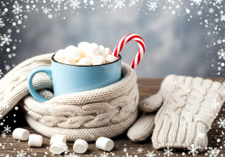 Картинка 3д+графика праздники+ holidays кружка зефир леденец шарф варежки столешница снежинки