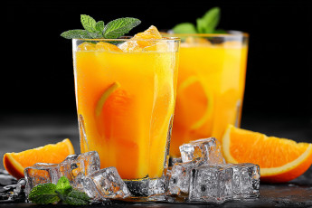 обоя 3д графика, еда-, food, лед, мята, стаканы, сок, апельсиновый, апельсины