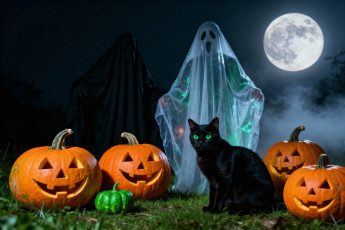 обоя праздничные, хэллоуин, призраки, кот, тыква