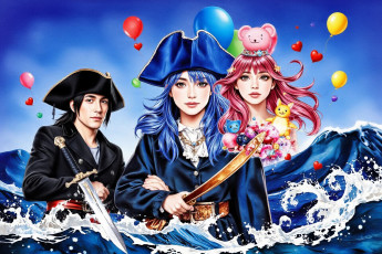 обоя рисованное, люди, парень, девушки, шарики, оружие, море