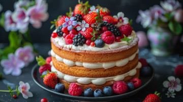 обоя 3д графика, еда-, food, торт, крем, ягоды, клубника, малина, голубика, ежевика