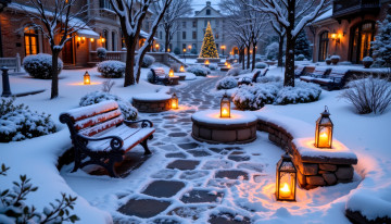 обоя праздничные, ёлки, ёлка, огни, дома, двор, снег, зима, фонари, деревья, скамейка