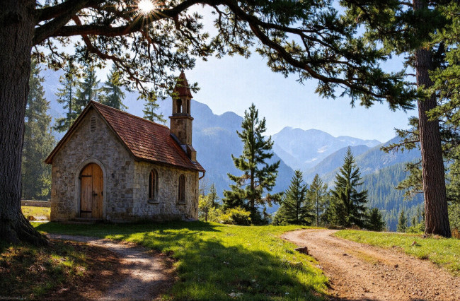 Обои картинки фото 3д графика, архитектура , architecture, церковь, лес, горы, тропинки