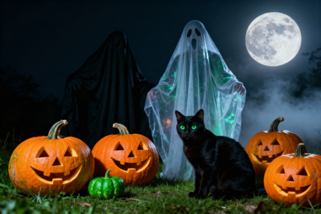 Обои картинки фото праздничные, хэллоуин, призраки, кот, тыква
