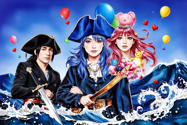 Обои картинки фото рисованное, люди, парень, девушки, шарики, оружие, море