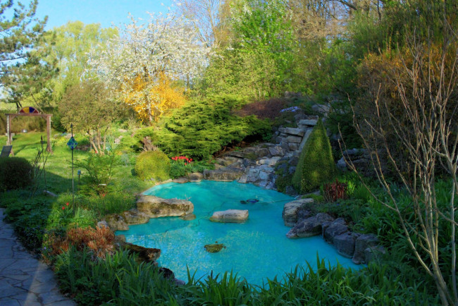 Обои картинки фото природа, парк, водоем, камни, растения