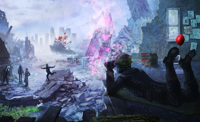 Обои картинки фото фэнтези, иные миры,  иные времена, постапокалипсис, будущее, надувные, шарики, люди, ботинки, бинокль