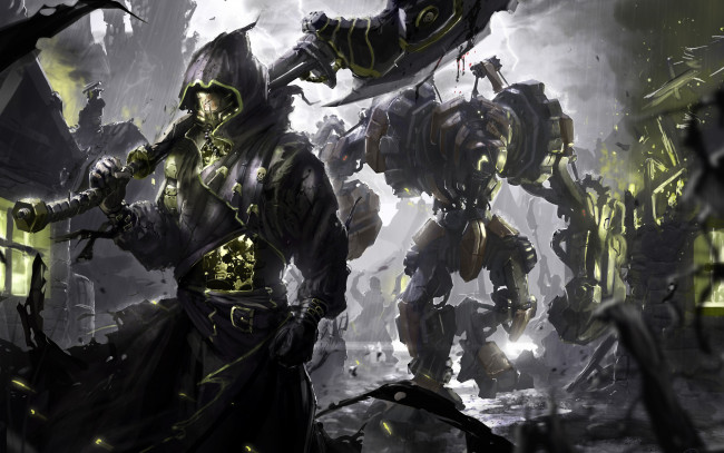 Обои картинки фото фэнтези, роботы,  киборги,  механизмы, киборг, меч, руины