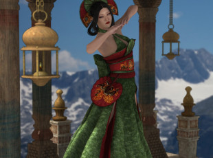 Картинка 3д+графика люди+ people девушка взгляд фон азиатка горы