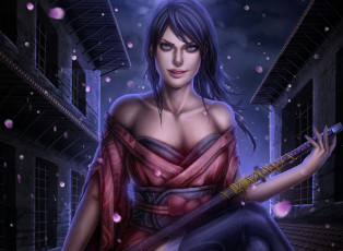 Картинка фэнтези девушки девушка ночь меч катана