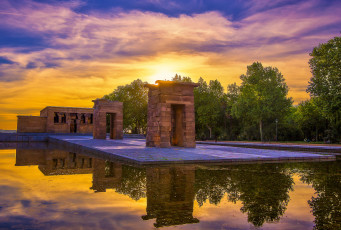 Картинка temple+of+debod+and+the+wild+sunset города мадрид+ испания водоем храм