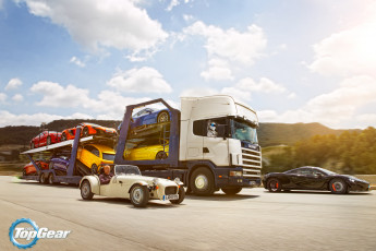 Картинка кино+фильмы top+gear scania truck trailer cars caterham 160 mclaren p1 porsche 911 650s spider bmw m4 bentley continental gt audi a1 jaguar f-type volkswagen golf top gear