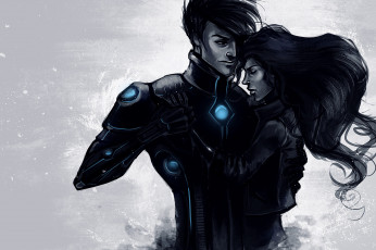 Картинка фэнтези люди парень девушка обьятия арт ветер волосы