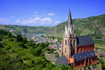 Картинка oberwesel+church города -+дворцы +замки +крепости река замок панорама