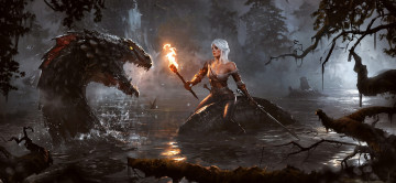 Картинка видео+игры the+witcher+3 +wild+hunt witcher lion cub of cintra cirilla fiona elen riannon ciri the 3 wild hunt чудовище озеро вода факел женщина меч ночь