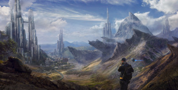 Картинка фэнтези фотоарт город скалы горы фантастика человек путешественник небо облака