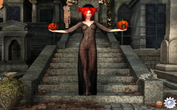 Картинка 3д+графика праздники+ holidays тыквы рыжая взгляд девушка фон лестница