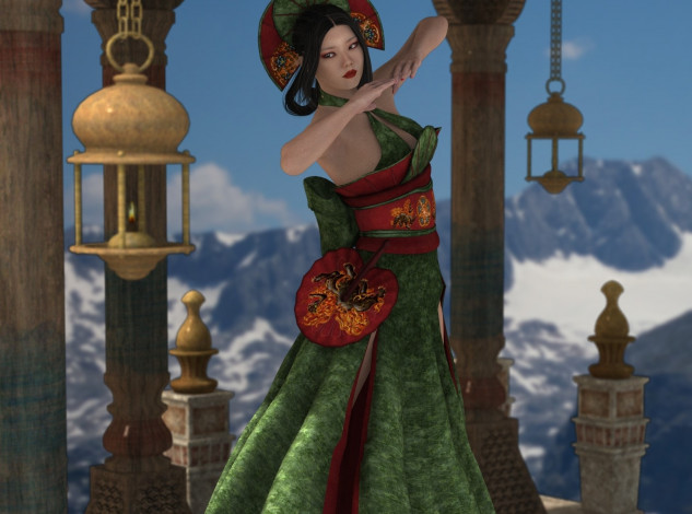 Обои картинки фото 3д графика, люди , people, девушка, взгляд, фон, азиатка, горы