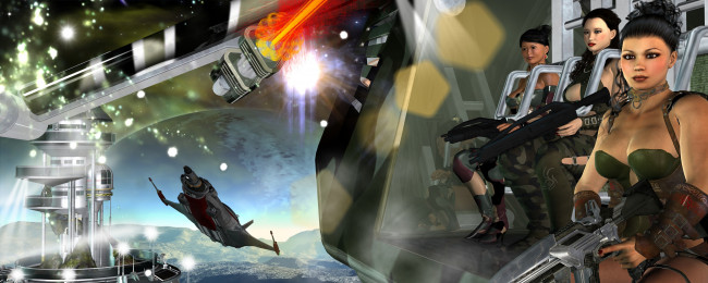 Обои картинки фото 3д графика, фантазия , fantasy, оружие, фон, взгляд, девушки, самолет