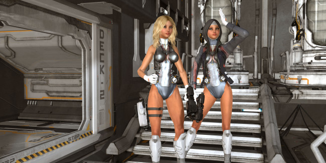 Обои картинки фото 3д графика, фантазия , fantasy, космический, корабль, фон, взгляд, девушки